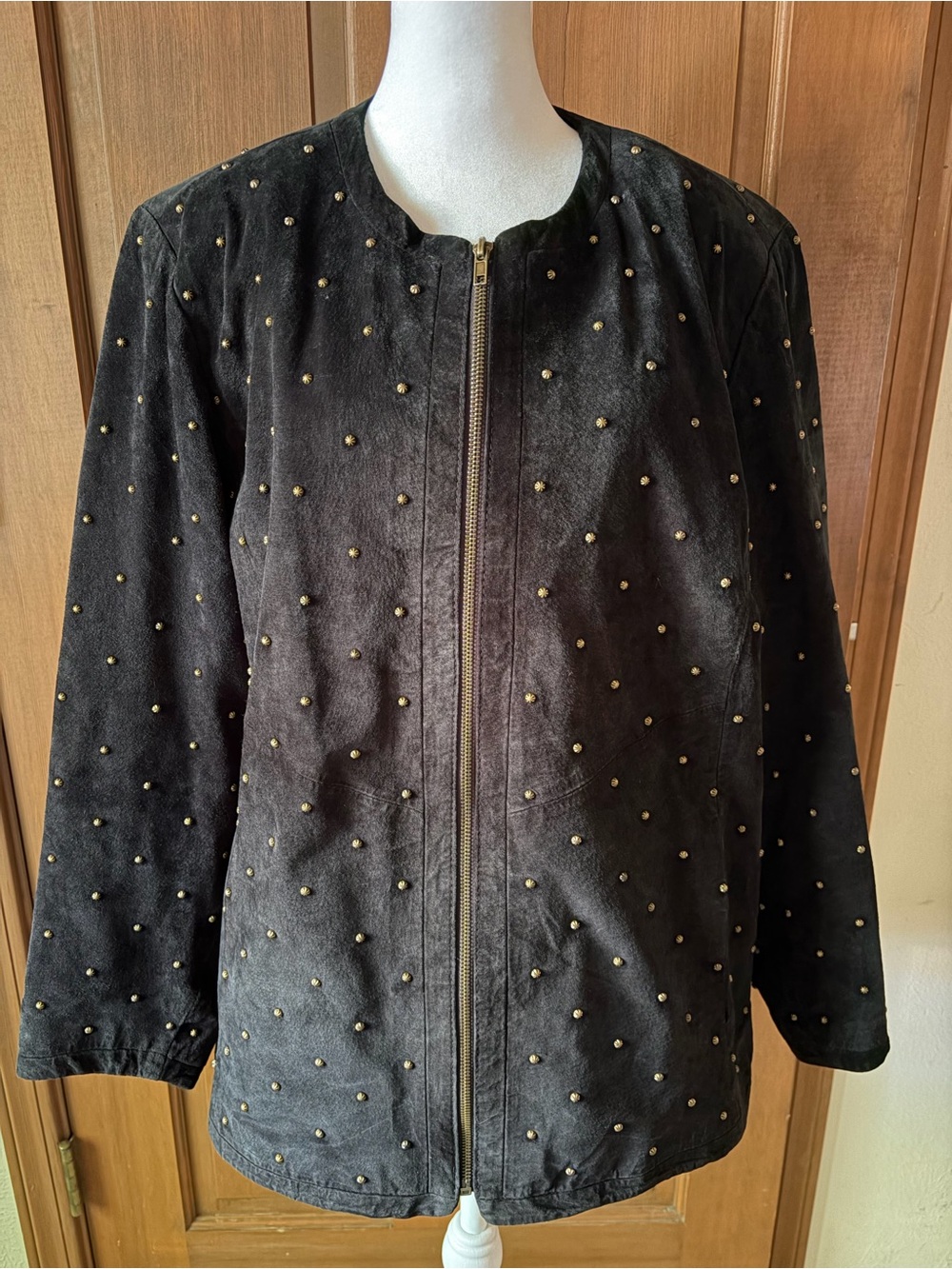 Vintage leather Black Studded Bomber Jacket with Gold Accents